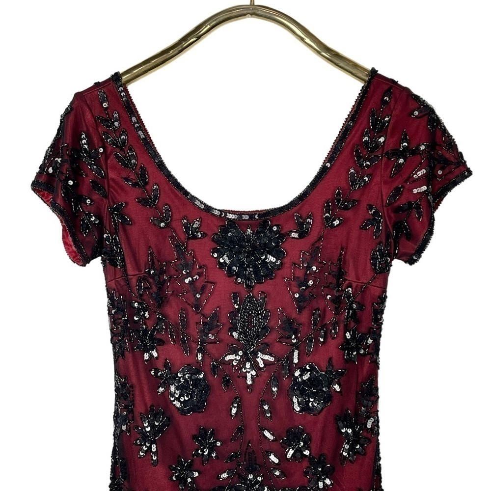 Pisarro Nights Burgundy Mini Dress with Black Sequin Appliqué - Picture 7 of 15